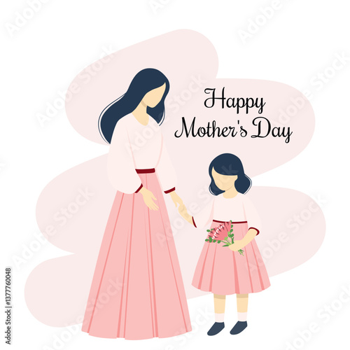 Mom and daughter holding hands. Mother's day. Flat vector illustration.