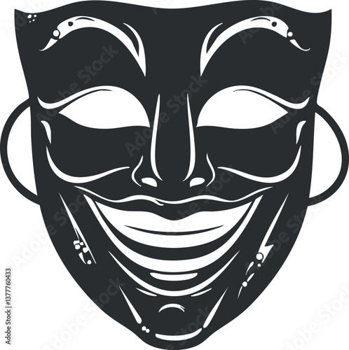 Black and white illustration of a smiling theatrical mask symbolizing comedy and performance arts.