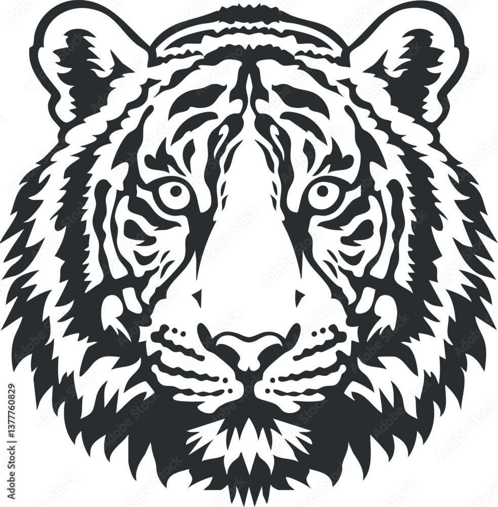 Fototapeta premium Black and white stylized illustration of a tiger's head with intricate patterns and bold lines.