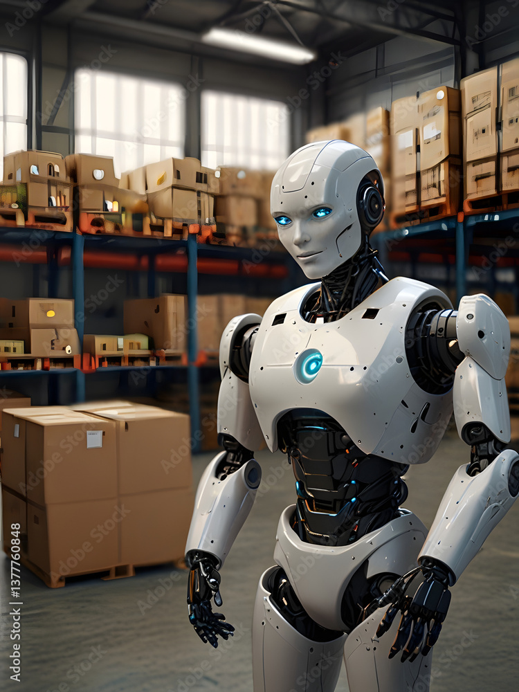 Fototapeta premium humanoid robot are working in a warehouse factory.