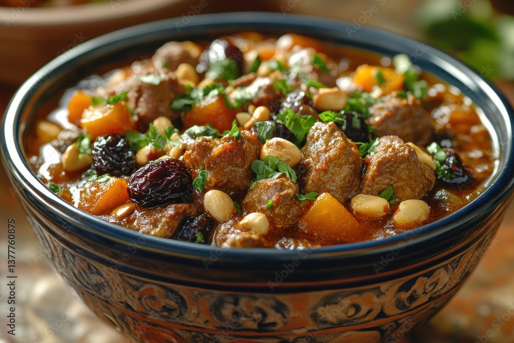 Hearty Moroccan Stew in Decorative Bowl with Background Details Hearty Moroccan Stew in Decorative Bowl with Background Details