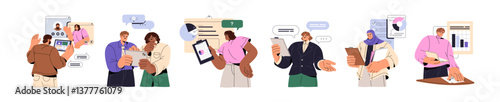 Employees with tablets set. Office workers with clipboards discuss, compare data, diagrams, charts. Analysts work with financial graphs, report. Flat isolated vector illustration on white background