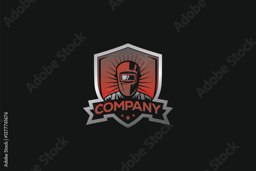 Logo design of a welder emblem in the shape of a shield, symbolizing craftsmanship, strength, and industry, often with bold, industrial elements.

