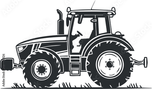 Black and white illustration of a tractor used for farming and agricultural purposes.