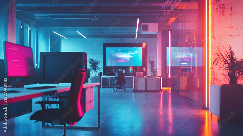 Showcasing holographic presentation system modern office photostock tech environment wide-angle view innovative concept