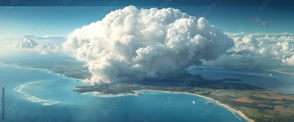 A massive cloud hangs over a coastal town, meeting the azure sea under a blue sky A massive cloud hangs over a coastal town, meeting the azure sea under a blue sky