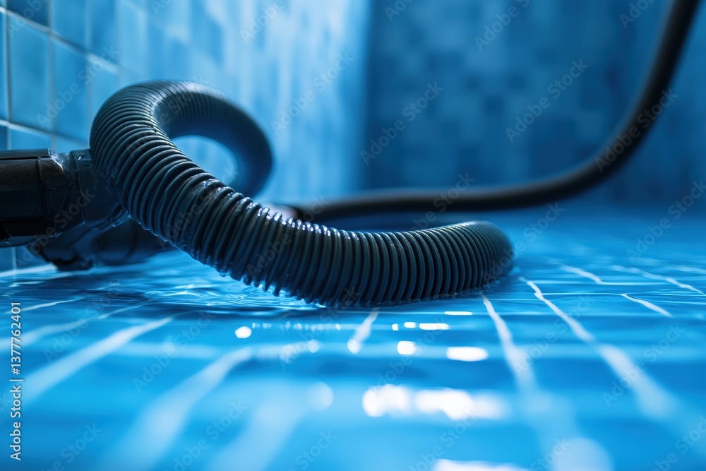Pool vacuum hose is connected and ready for cleaning session Generative AI Pool vacuum hose is connected and ready for cleaning session Generative AI