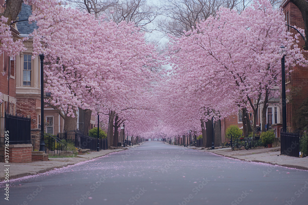 Fototapeta premium Idyllic Spring Park Forest Pathway Surrounded by Blooming Flowers and Lush Greenery Generative AI