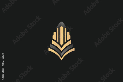 Logo design of an abstract tall skyscraper building, symbolizing architecture, growth, urban development, and modernity with geometric and sleek lines.

