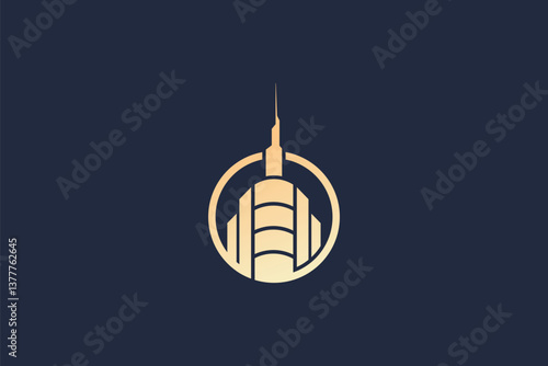 Logo design of an abstract tall skyscraper building, symbolizing architecture, growth, urban development, and modernity with geometric and sleek lines.

