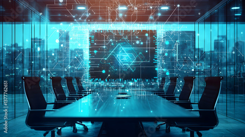 Holographic system setup in a futuristic conference room digital interface technology urban setting high-tech environment
