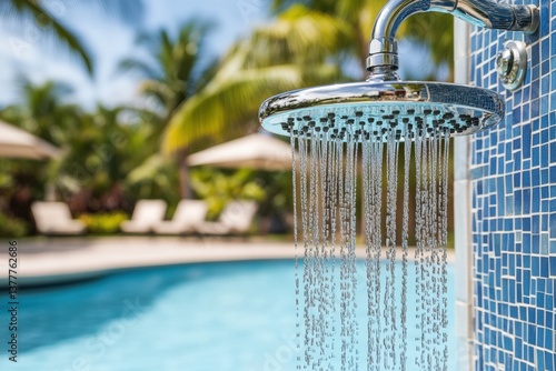 Enjoying a refreshing poolside shower with clear water on a sunny day Generative AI