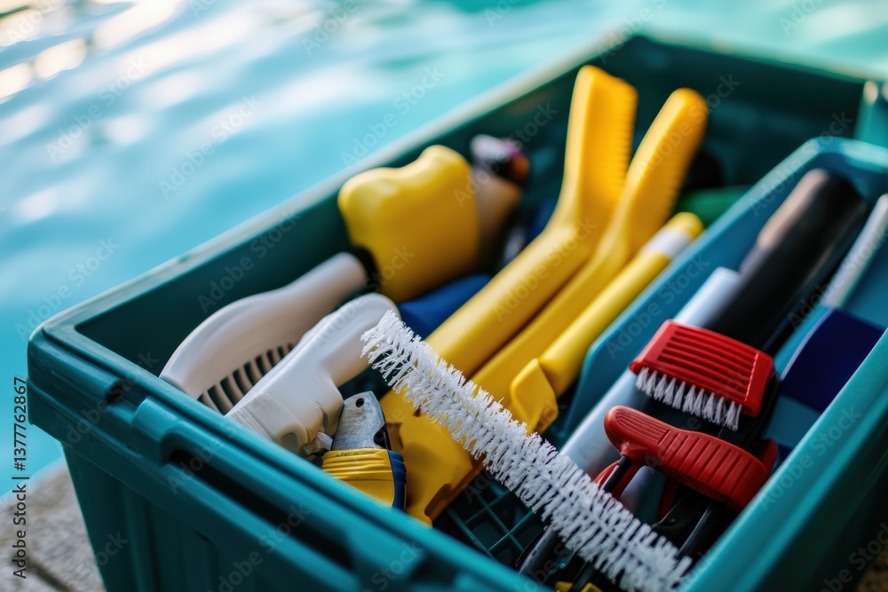 custom made wallpaper toronto digitalStorage box filled with pool cleaning tools by the water Generative AI