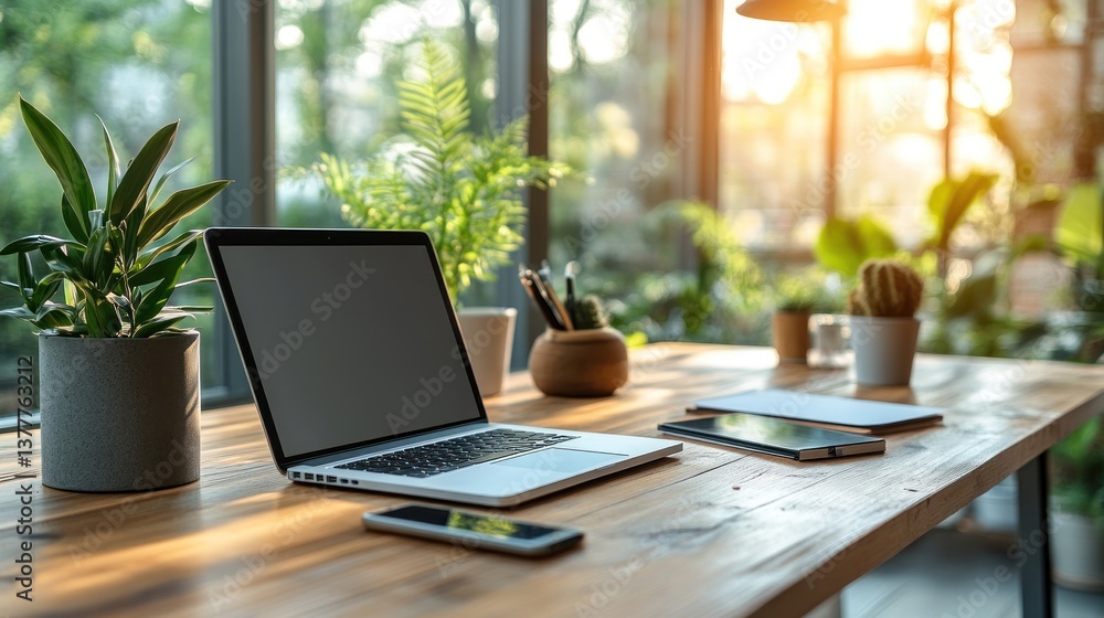Modern workspace laptop on wooden desk with plants, sunlight, and office supplies Modern workspace laptop on wooden desk with plants, sunlight, and office supplies