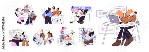Overloaded employees concept set. Exhausted workers are tired from lots of tasks, paperwork, deadlines. People with fatigue, burnout from work, overwork. Flat isolated vector illustrations on white