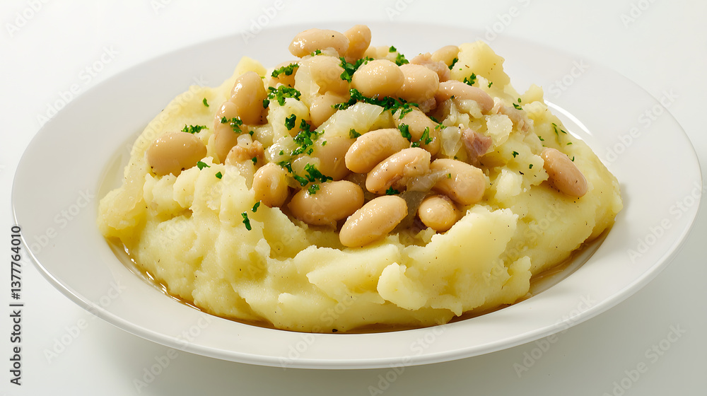 Creamy Mashed Potatoes Topped with Savory Boiled Beans and Fresh Herbs on a White Plate Creamy Mashed Potatoes Topped with Savory Boiled Beans and Fresh Herbs on a White Plate