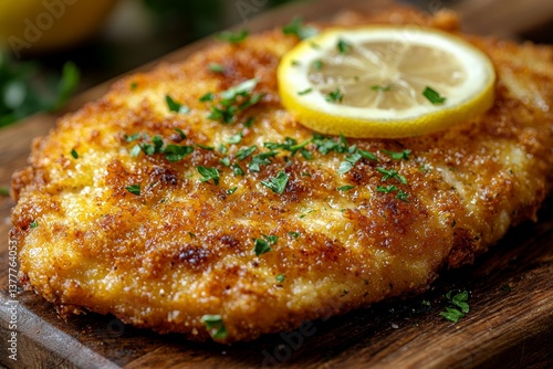 Crispy Golden Chicken Cutlet with Fresh Lemon Garnish and Herbs