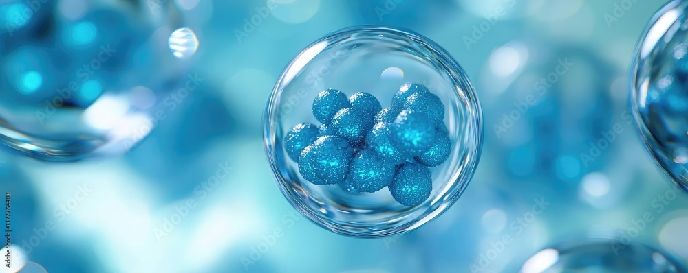 Blue exosome particles in scientific three-dimensional concept. Close-up of blue molecular structures in a glass-like background. Blue exosome particles in scientific three-dimensional concept. Close-up of blue molecular structures in a glass-like background.