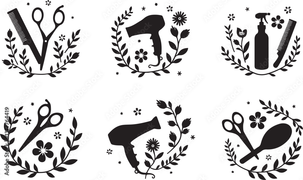 Naklejka premium Elegant Floral Hair Stylist SVG Bundle | Barber & Salon Tools Clipart