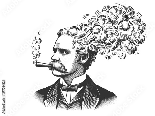 man with smoke emerging from his head, symbolizing thoughts and imagination sketch engraving generative ai fictional character vector illustration. Scratch board imitation. Black and white image.