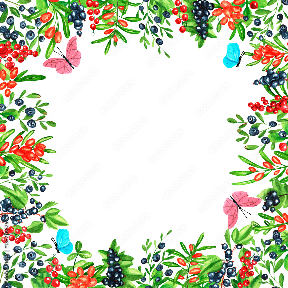 Fototapeta premium Square frame with blueberries, red currants, black currants, sea buckthorn and colorful butterflies. Hand drawn watercolor berries. Design for paper, background, menu, poster, textile, wallpaper
