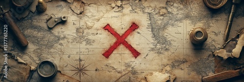 Treasure Map with Red X Marking Location of Buried Treasure