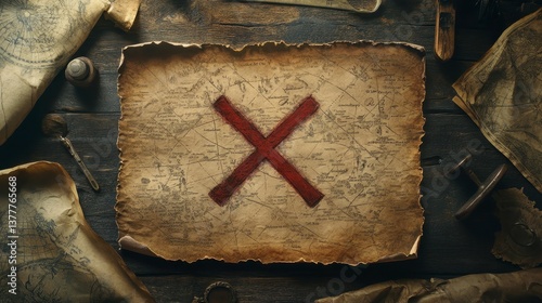 Antique Treasure Map with Red X Mark on Wooden Table