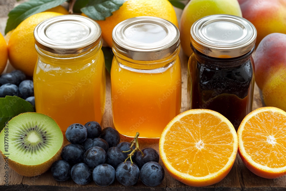 Homemade jam jars filled with fruity flavors displayed alongside fresh fruits on a wooden surface Homemade jam jars filled with fruity flavors displayed alongside fresh fruits on a wooden surface