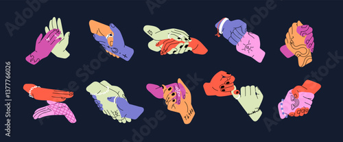 Set of handshakes. Two hands hold together, touch each other, high five while greeting. Concept of support, love, friendship and partnership. Flat isolated vector illustrations on white background