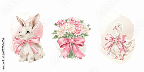 Vector watercolour set of spring illustration in a modern style. Cute bunny with a pink bow, flower bouquet and a goose with a pink bow. Easter decor