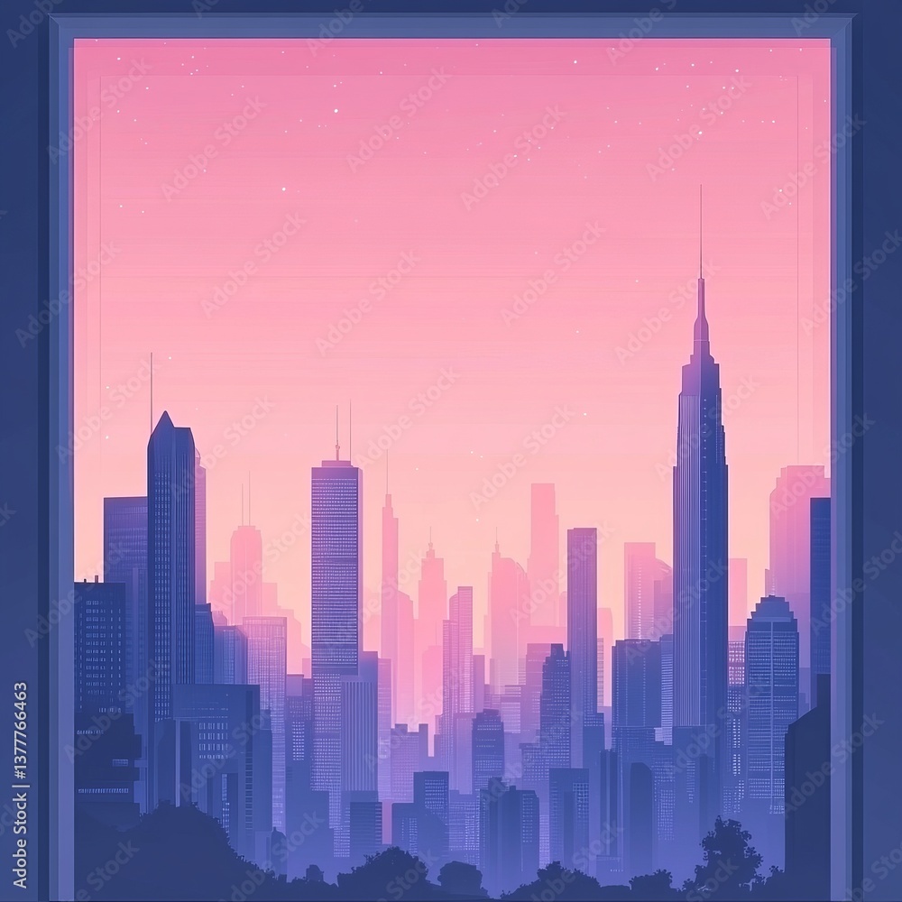 Fototapeta premium Serene Urban Landscape at Dusk with a Beautiful Gradient Sky, Featuring Silhouetted Skyscrapers Against a Twilight Horizon in a Modern Cityscape Scene