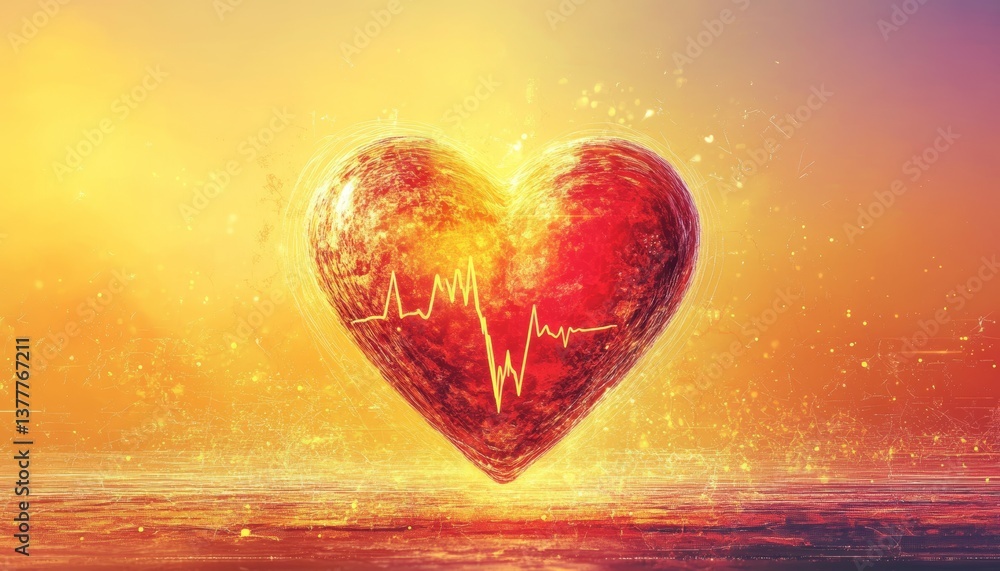 Fototapeta premium Vibrant Red Heart with ECG Line on Gradient Background for Health and Wellness Projects.
