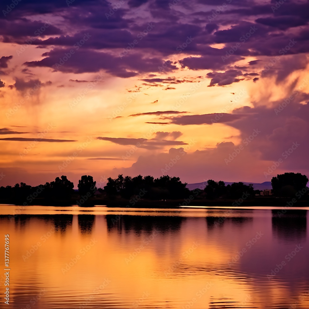 Serene Sunset Over Silhouetted Trees and Calm Lake Serene Sunset Over Silhouetted Trees and Calm Lake