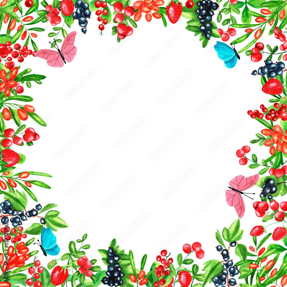Square frame with cowberry, strawberry, red currant, black currant, sea buckthorn and butterflies. Hand drawn watercolor berries. Design for paper, background, menu, poster, textile, wallpaper Square frame with cowberry, strawberry, red currant, black currant, sea buckthorn and butterflies. Hand drawn watercolor berries. Design for paper, background, menu, poster, textile, wallpaper