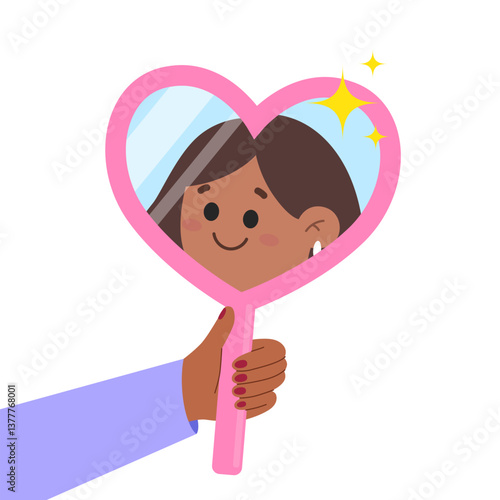 woman looking in the heart shaped mirror and smiling. Love yourself, self acceptance concept. Self pride, self-acceptance, positive self-image and confidence concept. Self perception and self esteem 