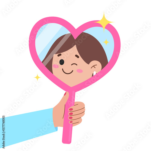 woman looking in the heart shaped mirror and smiling. Love yourself, self acceptance concept. Self pride, self-acceptance, positive self-image and confidence concept. Self perception and self esteem 