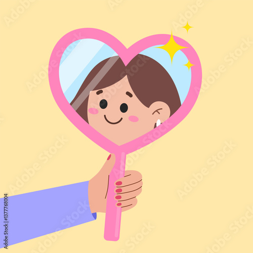 woman looking in the heart shaped mirror and smiling. Love yourself, self acceptance concept. Self pride, self-acceptance, positive self-image and confidence concept. Self perception and self esteem 