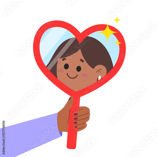 woman looking in the heart shaped mirror and smiling. Love yourself, self acceptance concept. Self pride, self-acceptance, positive self-image and confidence concept. Self perception and self esteem 