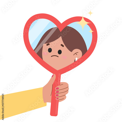 Young woman hand mirror worrying.  Bad mood, sadness, depression, sorrow, mental health problem, psychological disorder concept. Pimple problem on female skin. Sadness and depression. 