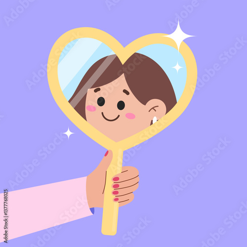 woman looking in the heart shaped mirror and smiling. Love yourself, self acceptance concept. Self pride, self-acceptance, positive self-image and confidence concept. Self perception and self esteem 