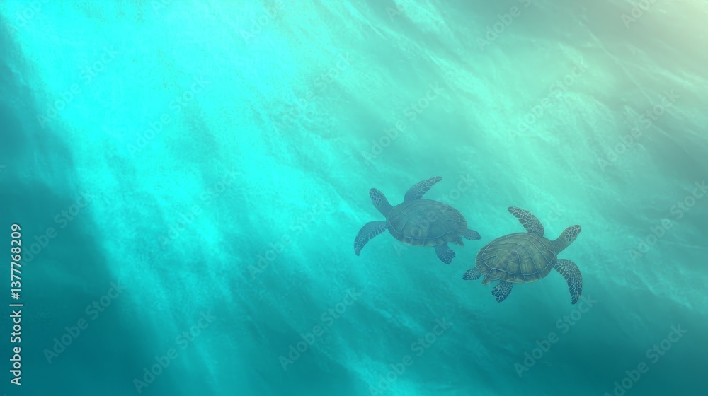Obraz premium Two Sea Turtles Swimming Through Clear Blue Ocean Waters