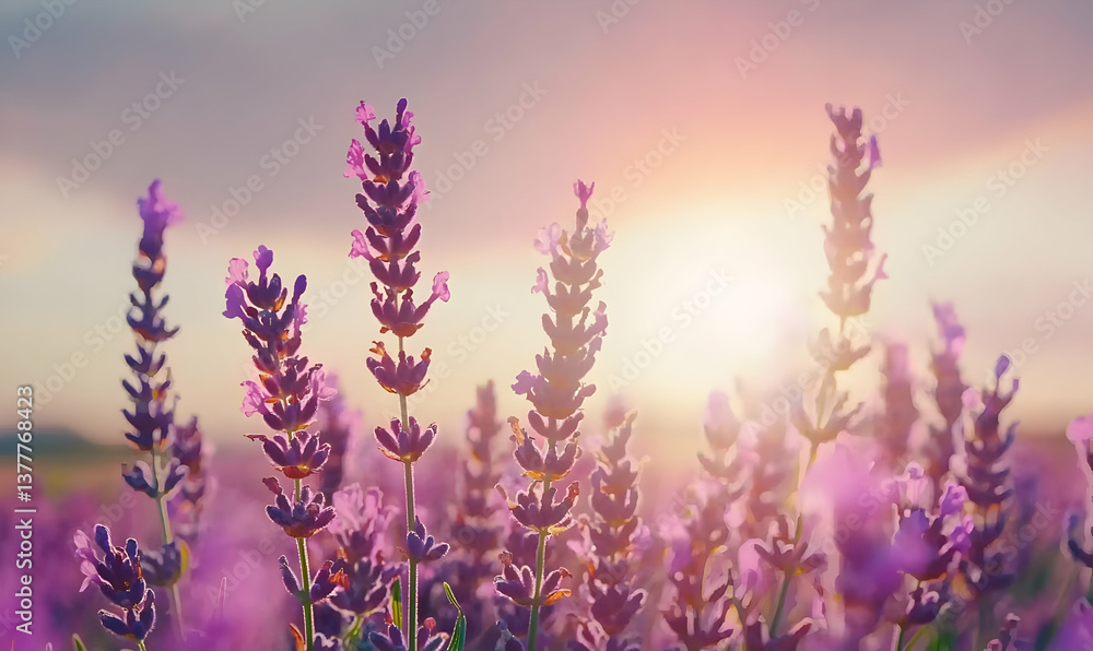 Obraz premium Soft Lavender Blooms Glowing Under Gentle Sunrise Light in Field
