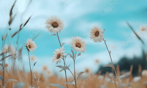 Beautiful Sunflowers Blooming Under Bright Clear Blue Sky