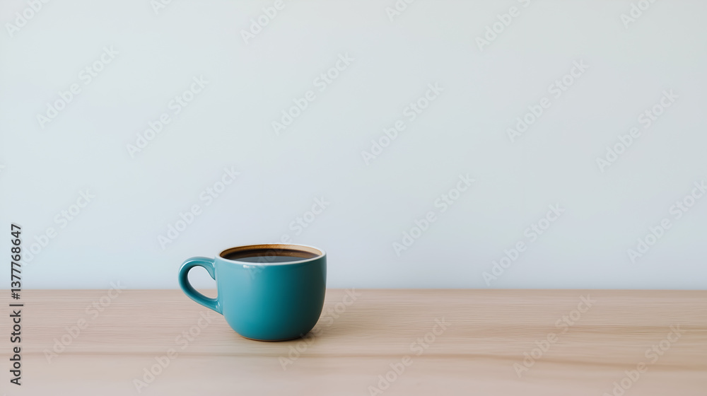 A single, teal-colored cup of coffee, placed on a wooden surface. The cup is filled with rich, dark coffee A single, teal-colored cup of coffee, placed on a wooden surface. The cup is filled with rich, dark coffee