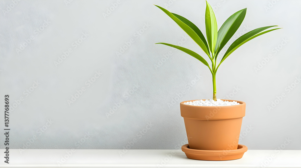 Fototapeta premium Green Potted Plant with Broad Leaves on Minimalist Shelf Display