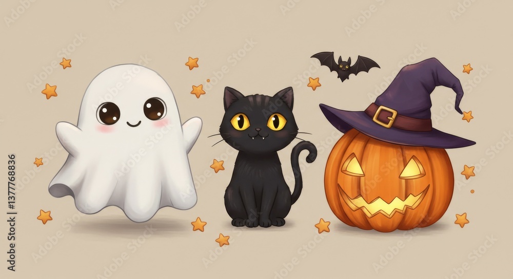 Obraz premium Halloween ghost cat pumpkin illustration
