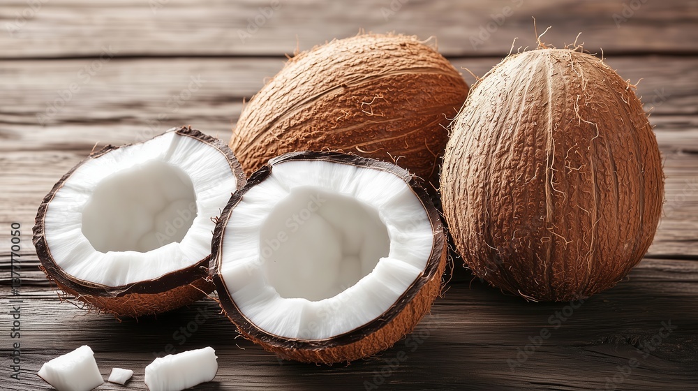 Ripe coconuts resting on rustic wooden table, showcasing fresh white flesh Ripe coconuts resting on rustic wooden table, showcasing fresh white flesh