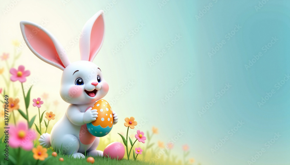 Easter bunny with egg in flower field, holiday illustration Easter bunny with egg in flower field, holiday illustration