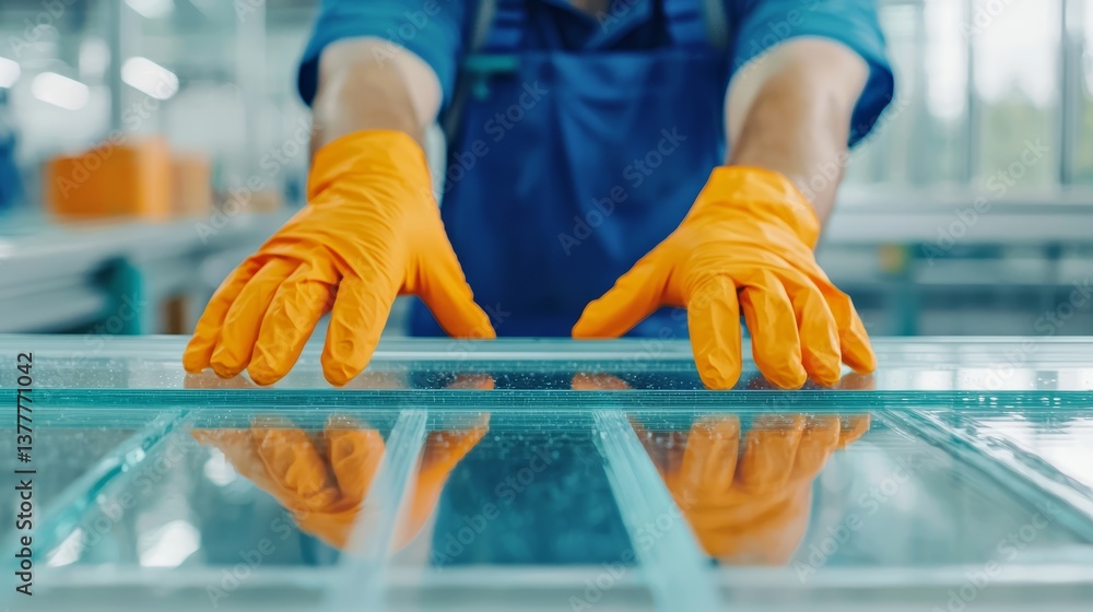 Glass handling techniques in manufacturing workshop instructional video industrial environment close-up perspective safety protocols Glass handling techniques in manufacturing workshop instructional video industrial environment close-up perspective safety protocols
