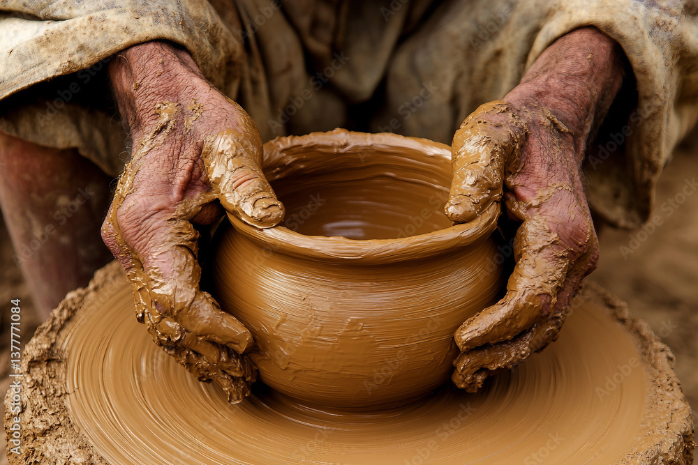 Hands Shaping Clay on a Spinning Pottery Wheel in Traditional Ceramic Crafting, Generative AI Hands Shaping Clay on a Spinning Pottery Wheel in Traditional Ceramic Crafting, Generative AI